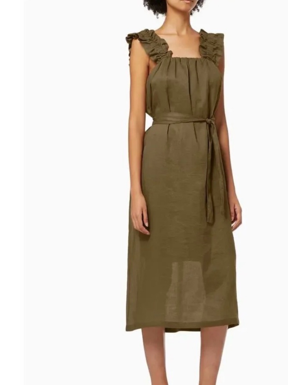 Frame Denim Olive Brown Ruffle-strap Linen Midi Dress Size Large